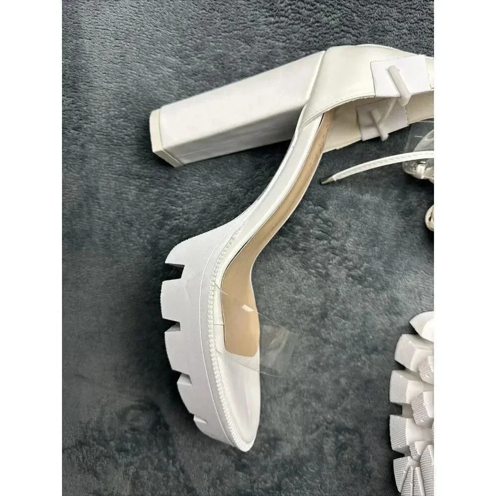 OLCHEE Women's Clear Ankle Strap Platform Sandals - Transparent Lace High Heels